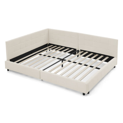 Doppelbett 160x200, weiches hautfreundliches Samt, L-förmiges Eck Bettgestell, robuste Eukalyptus- und Eisenlatten, Beige (ohne Matratze)