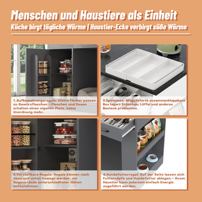 Kücheninsel, verstellbare Glasplatte, Doppelablage (ohne Hundefutter Teller), geräumiger Haustier Aufbewahrung Bereich (ohne Hundekissen), grau