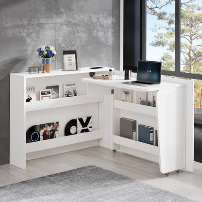 Faltbarer Schreibtisch mit Rollen & Wireless Charger–2-in-1 Sideboard & Arbeitsplatz, 115×27×93 cm (geschlossen, 95×51cm) White