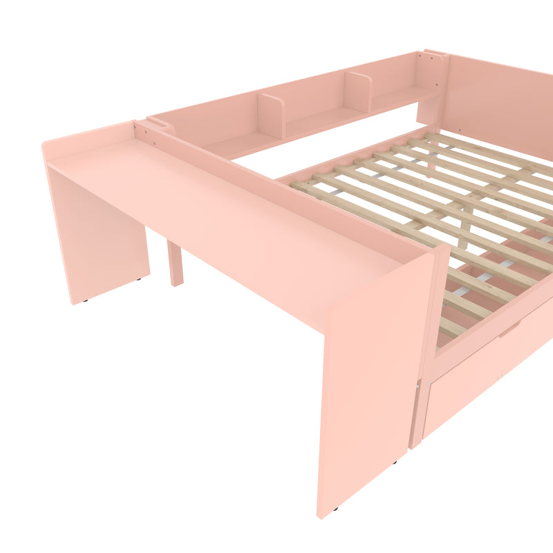 Flachbett, Holzbett, 140x200cm, mit Schreibtisch, ausgestattet mit 2 Schubladen, Doppelbett(Ohne Matratze), mit Regalen, Kiefer + Spanplatte, Rosa