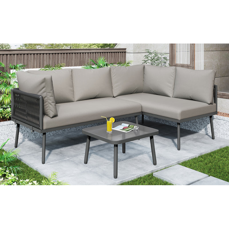 Garten-Lounge-Set aus Eisen, Gartenmöbel-Set aus grauem Seil, L-förmiges Gartenmöbel-Set, Lounge-Set aus grauem Seil mit Sitzkissen, verstellbaren Füßen, 2 Sofas und 1 Tisch