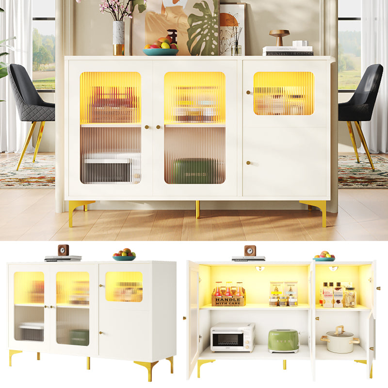 Modernes und schlichtes weißes Sideboard (140 x 40 x 90 cm), Changhong-Glastür-Design, integriertes warmes Umgebungslicht, mit dekorativen Metalldetails und viel Stauraum, geeignet für Esszimmer