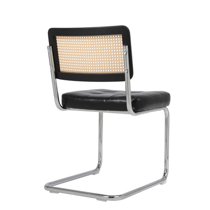 Mittelalterliche moderne Esszimmerstühle, ein Satz von 2-Rattan Esszimmerstühlen mit weichen gepolsterten Kunstlederelementen, armlose Mesh Rückenlehne Rattan Stühle, Metall Chrom Beine(Black)