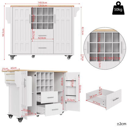 Kücheninsel mit herausnehmbaren Trennwänden, Esszimmerwagen mit Arbeitsplatte, Buffetschrank, Esszimmerwagen mit Holzmaserung, seitlicher Handtuchhalter, mit Weinregal, mit Rollen, weiß