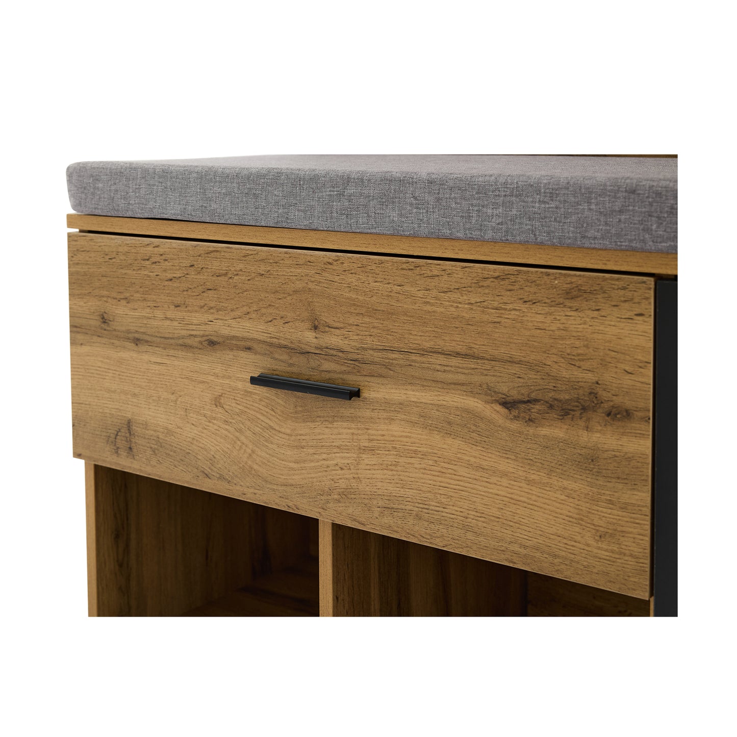 Garderoben Set in Holzoptik mit Spiegel, Schuhbank (104 x 39 cm) mit Polster, Schuhschrank, Schublade, Regal, Kleiderhaken – Praktisches Design für den Eingangsbereich