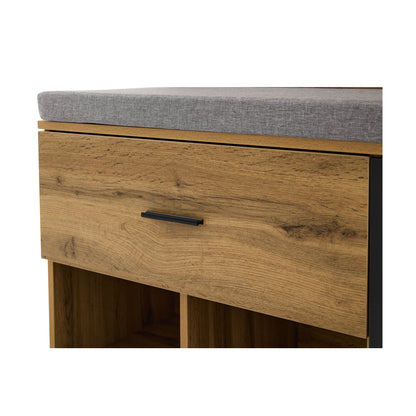 Garderoben Set in Holzoptik mit Spiegel, Schuhbank (104 x 39 cm) mit Polster, Schuhschrank, Schublade, Regal, Kleiderhaken – Praktisches Design für den Eingangsbereich