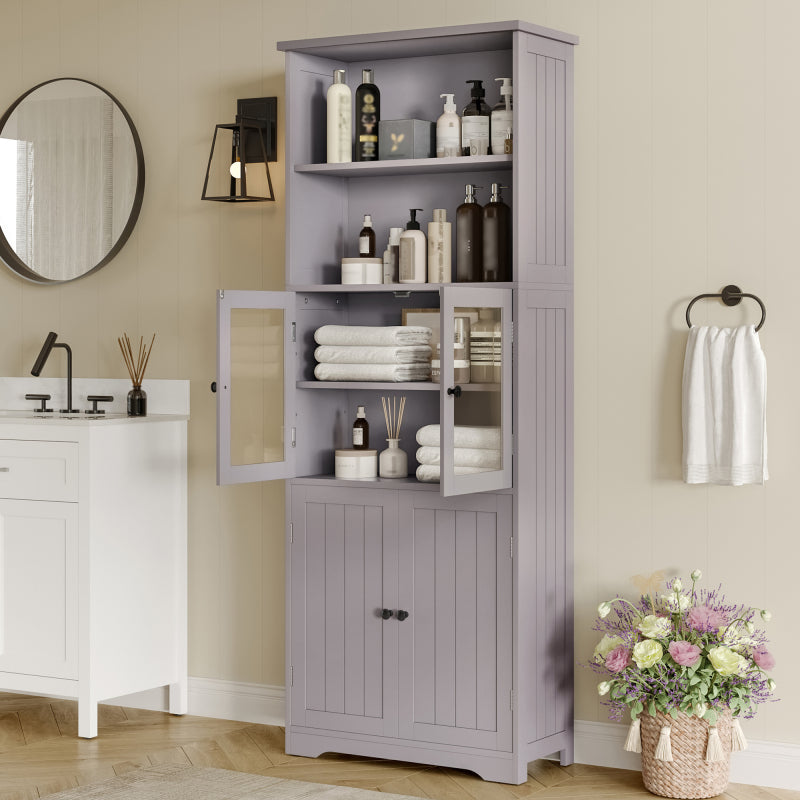 57.5 x 28.5 x 160cm Badezimmer-Hochschrank mit Stauraum, feuchtigkeitsbeständige Farbe, Glasschranktür, Holzschranktür, zwei offene Ablagefächer, verstellbare Trennwände, einfache Textur, Grau