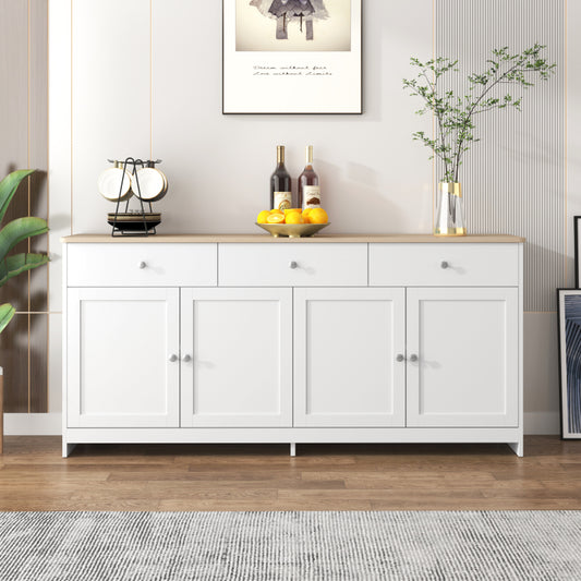 Sideboard mit weißer Holzmaserung, vier Türen, mit drei Schubladen, Wohnzimmer, Esszimmer. Holzfarbe und Weiß