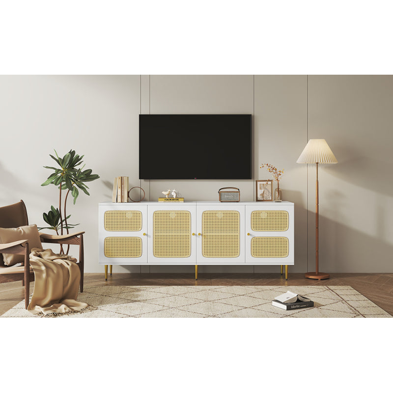 Eleganter Weißer Rattan-TV-Schrank 180x40x72 cm - Mit 4 Rattantüren, Höhenverstellbaren Regalen und Kabelmanagement, Für bis zu 80 Zoll Fernseher,TV-Schränke,Lowboards