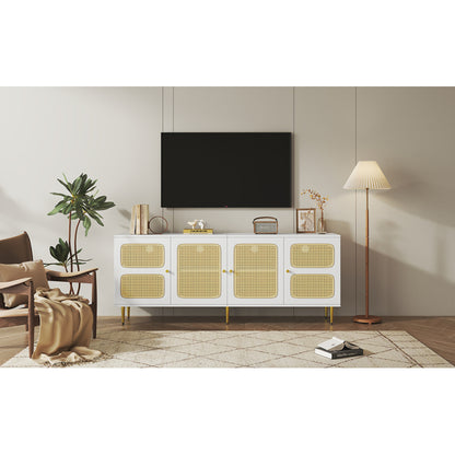 Eleganter Weißer Rattan-TV-Schrank 180x40x72 cm - Mit 4 Rattantüren, Höhenverstellbaren Regalen und Kabelmanagement, Für bis zu 80 Zoll Fernseher,TV-Schränke,Lowboards
