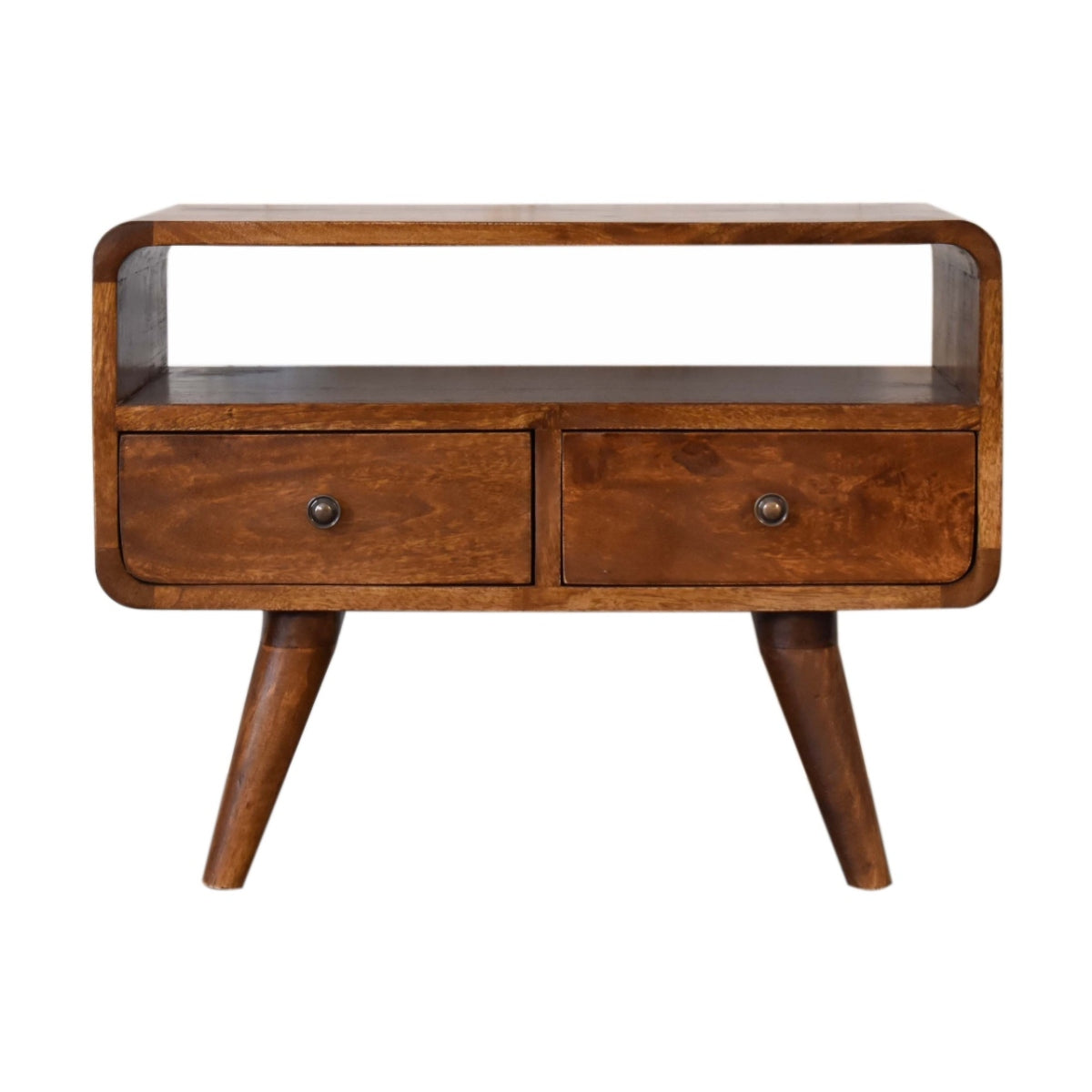 Mini TV-Lowboard aus massivem Mangoholz – Kastanienbraun, 2 Schubladen & offenes Fach, Handgefertigt, Nordic-Design, 60x30x45 cm