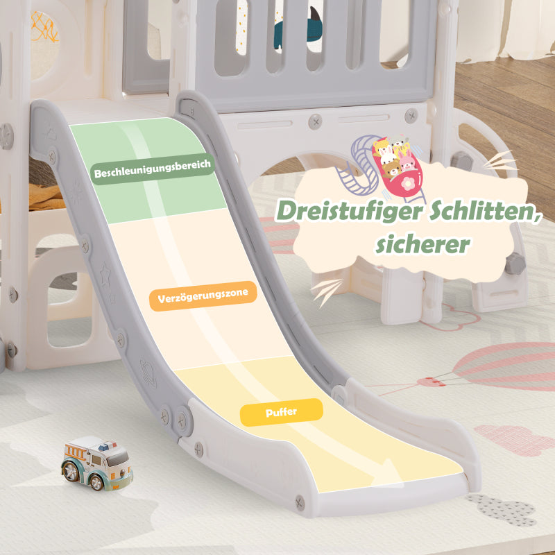 7-in-1-Rutsche für Kinder, bestehend aus Rutsche, Schaukel, Plattform, Unterschrank, Lochbohrspiel, Basketballkorb und Treppe - hochdichtes Polyethylen (Ozeanball nicht enthalten)
