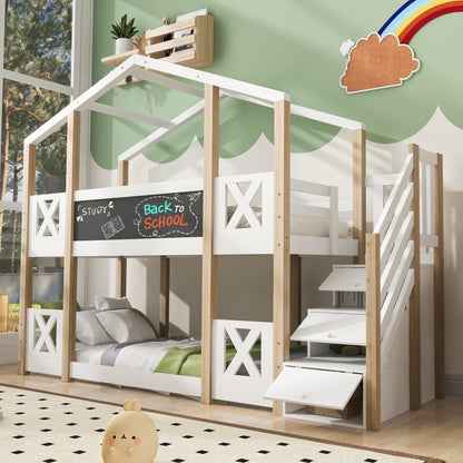 Kinderbett Baumhaus mit Rutsche & Leiter 90 x 200 cm, Hochbett für Kinder– 2x Lattenrost- Natur & Weiß