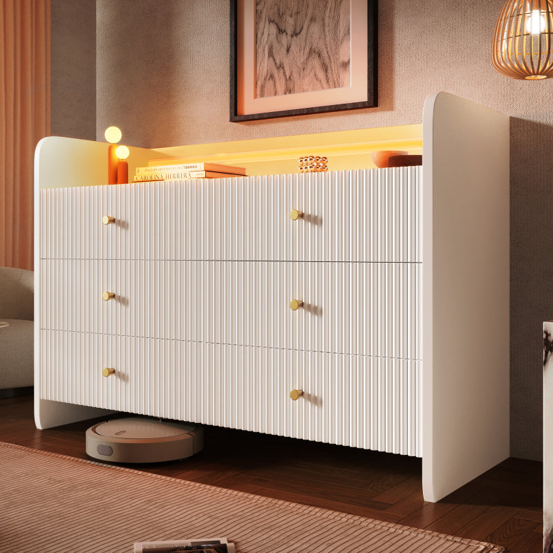 Sideboard, Kommode mit LED-Beleuchtung und 6 Schubladen, Wellenförmiges Rillendesign, Moderner Schrank für Wohnzimmer und Schlafzimmer, 120x40x75cm, Weiß