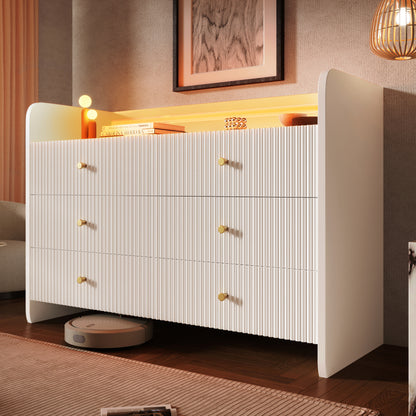 Sideboard, Kommode mit LED-Beleuchtung und 6 Schubladen, Wellenförmiges Rillendesign, Moderner Schrank für Wohnzimmer und Schlafzimmer, 120x40x75cm, Weiß