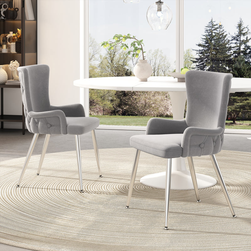 Samt-Esszimmerstuhl, 2er-Set, luxuriöser Wohnzimmer-Schlafzimmer-Loungesessel mit vier silberfarbenen Metallstützbeinen, Grau[OLD SKU:N634P184684G]