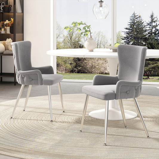 Samt-Esszimmerstuhl, 2er-Set, luxuriöser Wohnzimmer-Schlafzimmer-Loungesessel mit vier silberfarbenen Metallstützbeinen, Grau[OLD SKU:N634P184684G]