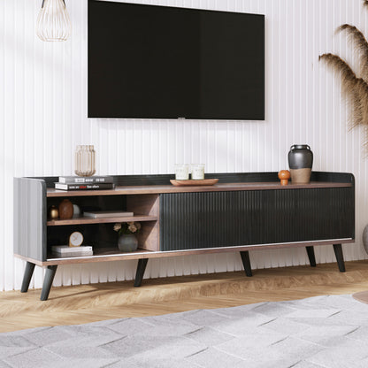 TV-Schrank mit zwei Schubladen, Fernsehtisch TV Board, TV- Lowboard niedrige Platte mit zwei Schiebetüren. Exquisite Textur. Schwarz und natürliches Holzfarbe. H58/L160/T40 cm