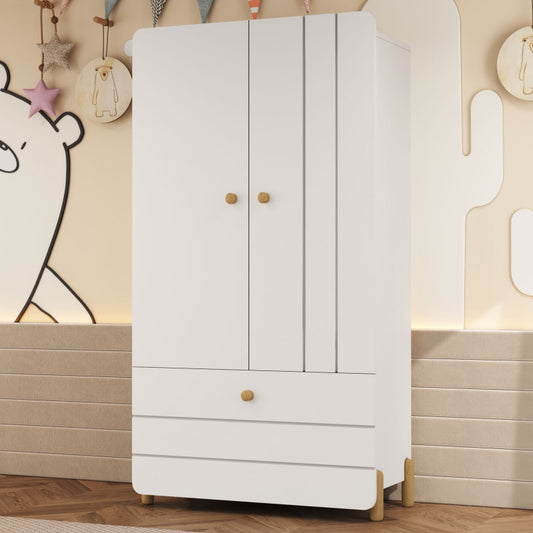 Geräumiger Kleiderschrank mit minimalistischen Linien und zarten holzfarbenen Füßen mit Staufächern, Schubladen und Kleiderbügeln, Farbblock-Design, Weiß