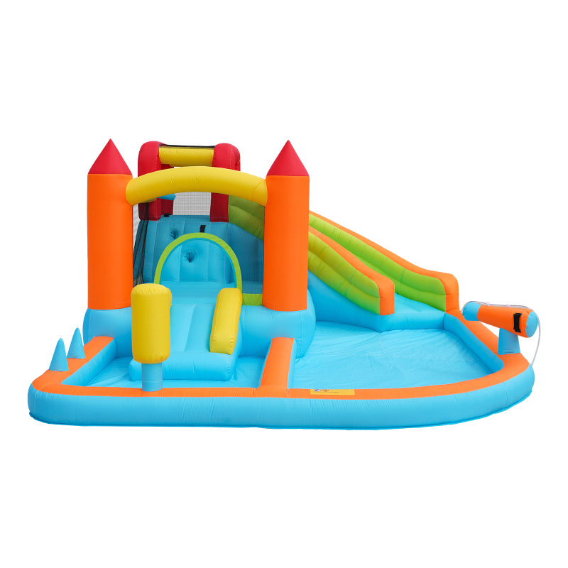 [Multifunktionale Outdoor-Hüpfburg] Mit Gebläse, Wasserrutsche + Trampolin + Basketballkorb + Wasserpistole, 2 Poolbereiche, 1 große und 1 kleine Rutsche, für trockene und nasse Nutzung, ein Wasserpar