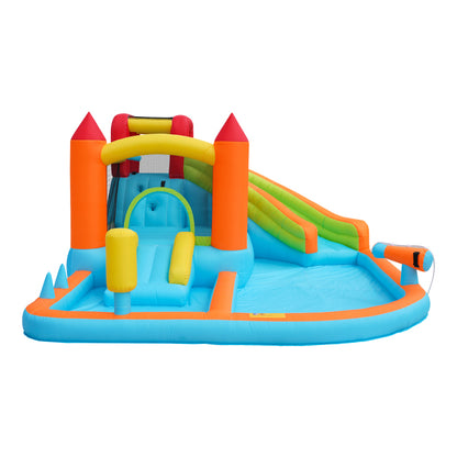 [Multifunktionale Outdoor-Hüpfburg] Mit Gebläse, Wasserrutsche + Trampolin + Basketballkorb + Wasserpistole, 2 Poolbereiche, 1 große und 1 kleine Rutsche, für trockene und nasse Nutzung, ein Wasserpar