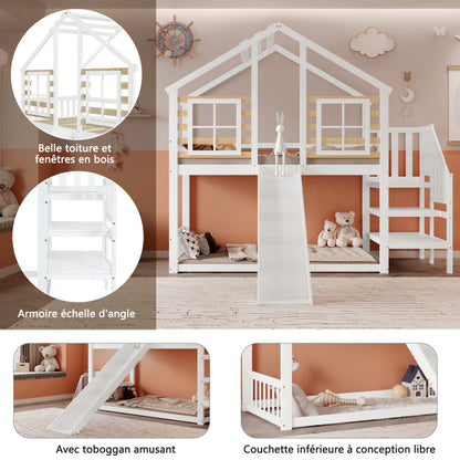 Etagenbett, Holzbett mit Treppe und Gitter, mit Rutsche und Fenster, Blockhaus Kinderbett mit Absturzsicherung, Bettrahmen aus Massivholz, Weiß(90x200 cm)