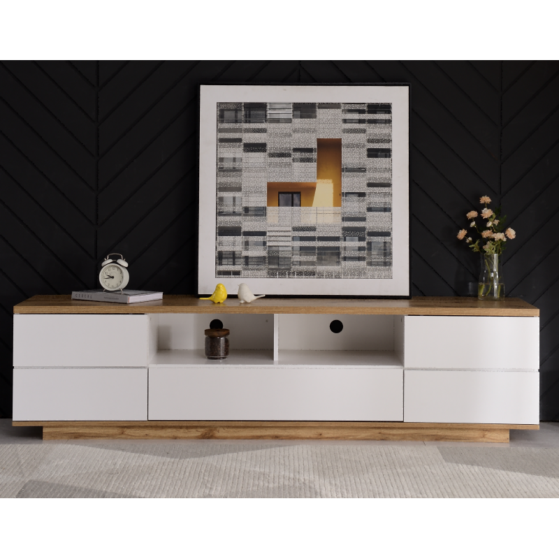 Moderner Farbblock-TV-Schrank in weißer Ausführung, TV-Schrank mit Holzmaserung, 180 cm
