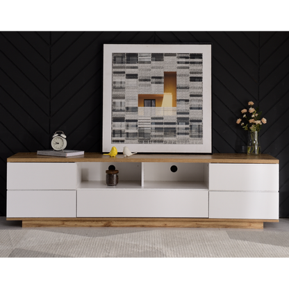 Moderner Farbblock-TV-Schrank in weißer Ausführung, TV-Schrank mit Holzmaserung, 180 cm