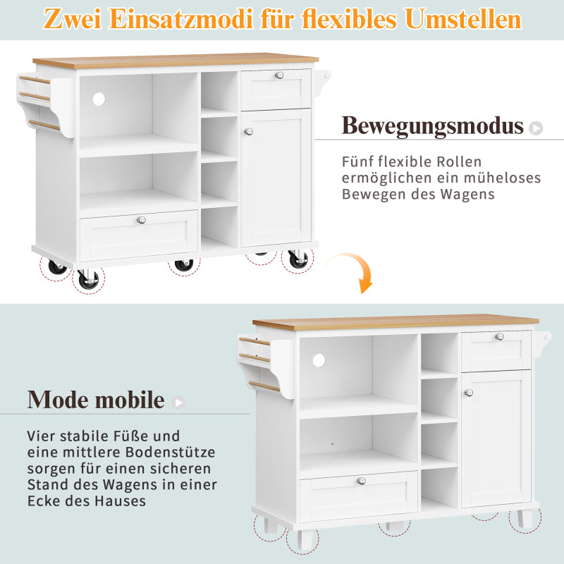 Esszimmerwagen (129 x 46 x 92 cm), modernes minimalistisches Weiß, mobiler Küchen-Esswagen mit Schubladen und Lagerschränken, hellbraune Holzarbeitsplatte, passend für moderne Wohnungen