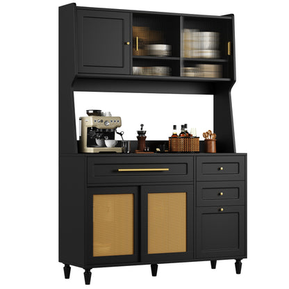 Küchenschrank, Esszimmerschrank mit 3 Schubladen,Sideboard mit LED-Beleuchtung, PE-rattan, schwarz