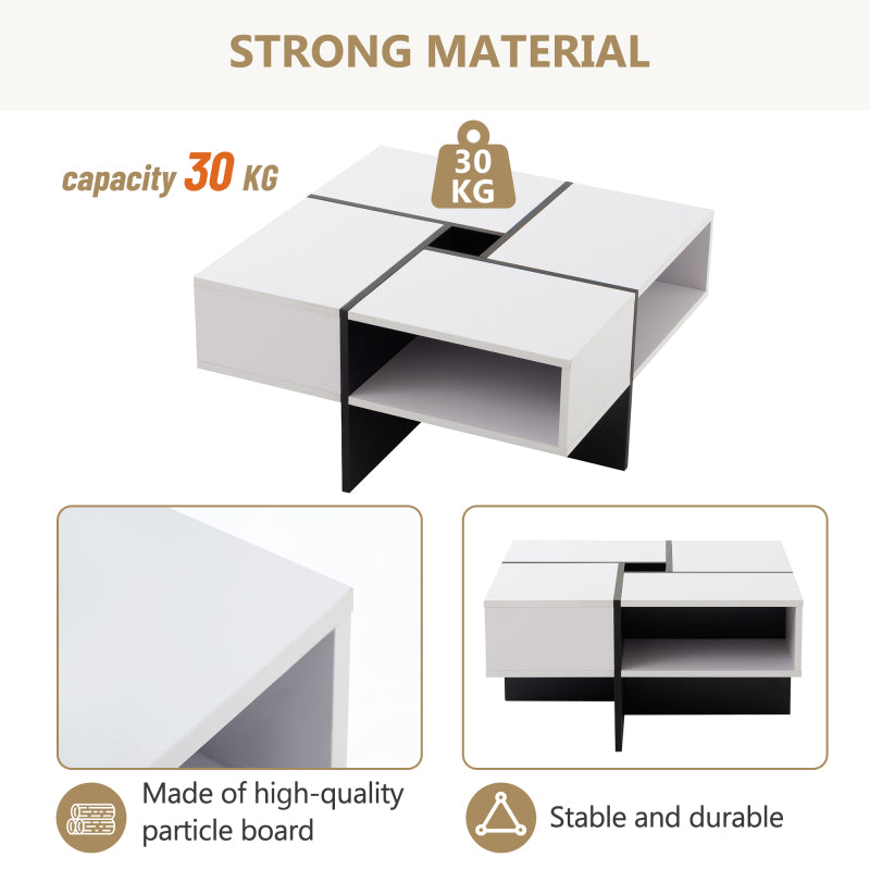 Moderner quadratischer Couchtisch 70x70x35cm – Schwarz-Weiß Design, 5 offene Fächer, mittleres Staufach 10x10cm, stabiler 30KG Tragkraft,Weißer quadratischer Couchtisch