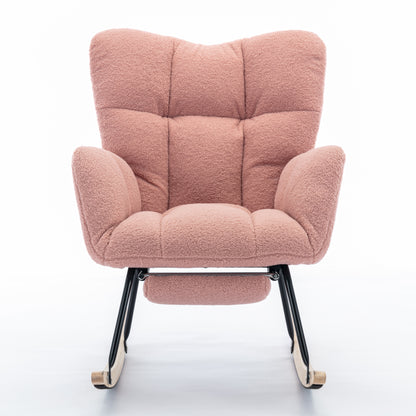 Neuer moderner Schaukelstuhl mit Polsterung und Teddystoff, mit ausziehbarer Fußstütze, Rosa