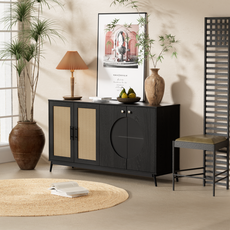 Sideboard mit Glastüren aus Rattan, halbrunde Tür, hochwertige Aufbewahrungsmöbel