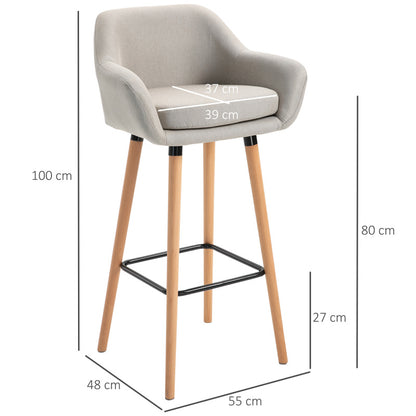 Barhocker 2er-Set bequeme Küchenhocker aus Leinen mit Sitzkissen und Fußstützen, Bistrohocker mit Buchenholzbeinen in Beige