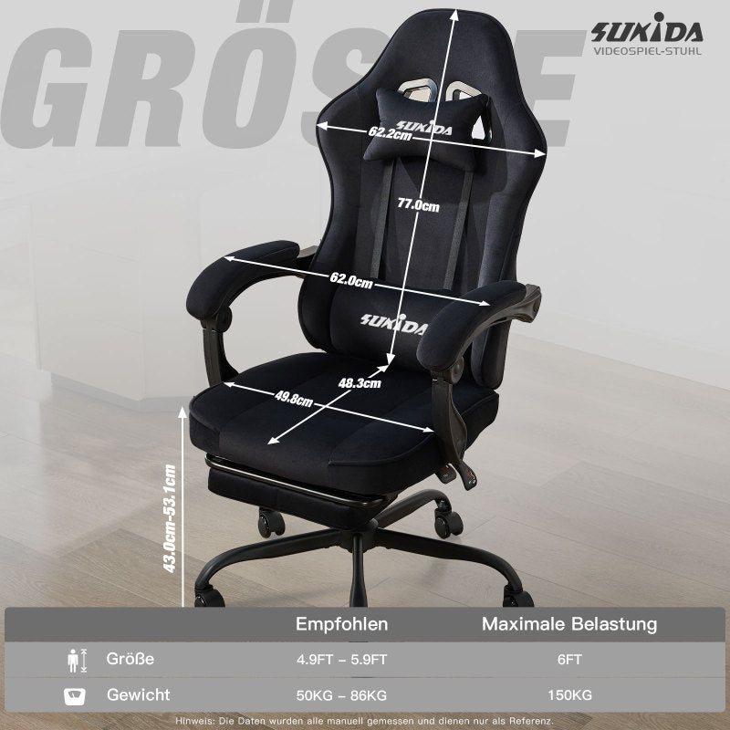 Gaming Stuhl Stoff, Ergonomischer Gaming Chair mit Fußstütze, Verstellbarer Racing Computerstuhl mit Lordosenstütze, Schwarz Ergonomisch PC-Stuhl
