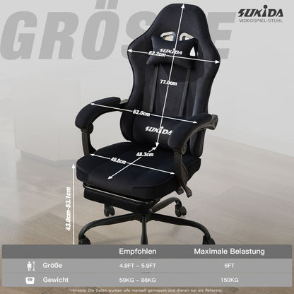 Gaming Stuhl Stoff, Ergonomischer Gaming Chair mit Fußstütze, Verstellbarer Racing Computerstuhl mit Lordosenstütze, Schwarz Ergonomisch PC-Stuhl