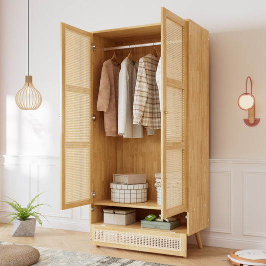 Kleiderschrank mit Stange, 2-türiger Kleiderschrank, Schlafzimmer, Rattannetz, Wohnzimmer, mit unterem Flip-Top-Deckel, Spanplatten+PE-Rattan, Natur