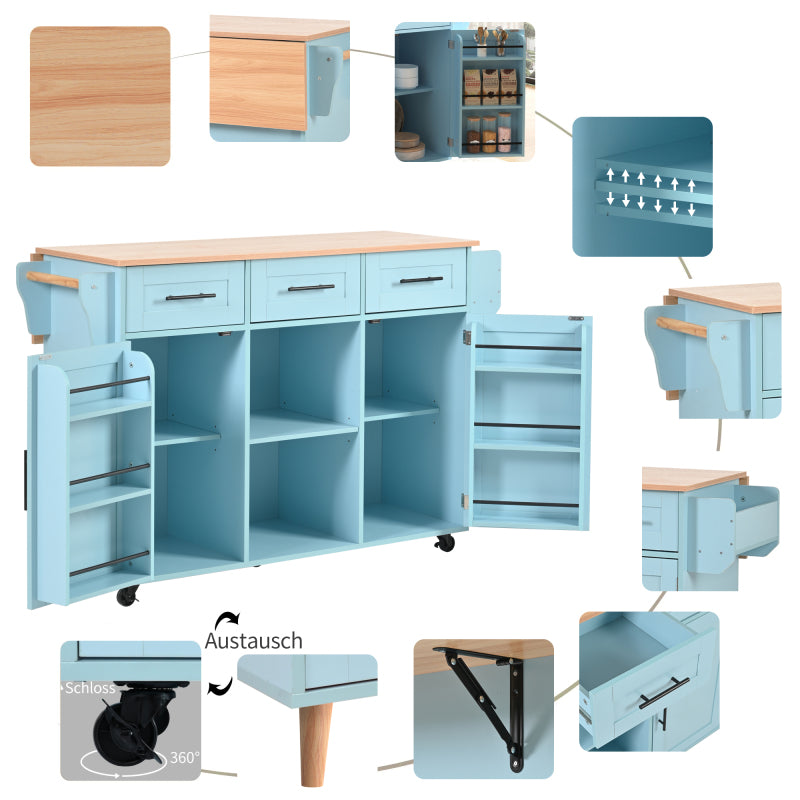 139x46(71)x91,5 cm großer Esswagen/Anrichte, Korpus Blau + Arbeitsplatte in Massivholzmaserung, klappbare Arbeitsplatte, Ablagetür, Rollen, auswechselbare Massivholzfüße, geeignet für Esszimmer, Küche
