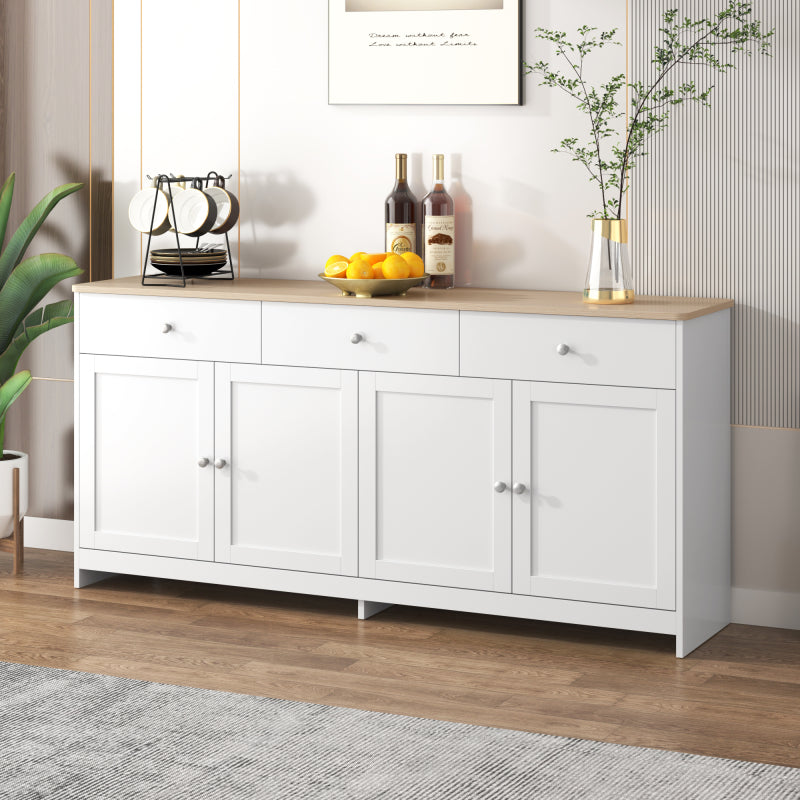 Sideboard mit weißer Holzmaserung, vier Türen, mit drei Schubladen, Wohnzimmer, Esszimmer. Holzfarbe und Weiß