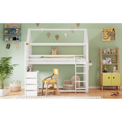 Etagenbett, Hausbett, Kinderbett mit Fallschutz und Gitter, mit Tisch, Offenes Regal, zwei Fenster, Reichlich Stauraum, Kiefer+MDF, Weiß, 90x200cm