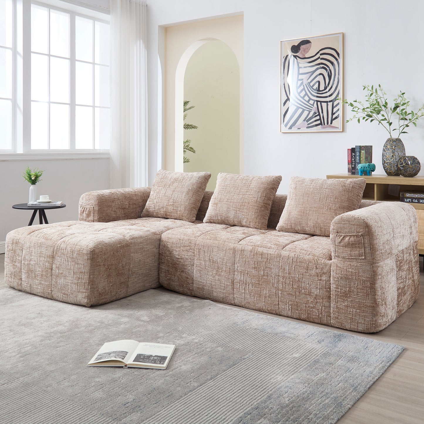 Modernes Sektionssofa, L-Sofa, 3-Sitzer-Sofa, keine Installation erforderlich, Chenille-Sofa mit Chaiselongue und Armlehnen, 3 Kissen, Seitentasche für Fernbedienung, khaki