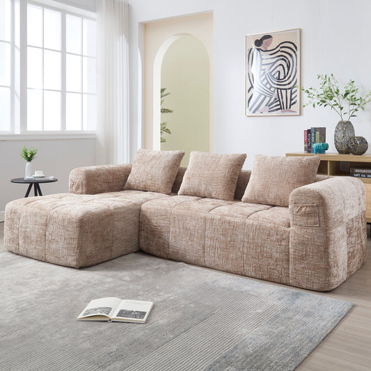 Modernes Sektionssofa, L-Sofa, 3-Sitzer-Sofa, keine Installation erforderlich, Chenille-Sofa mit Chaiselongue und Armlehnen, 3 Kissen, Seitentasche für Fernbedienung, khaki
