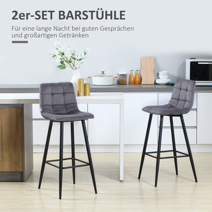 barhocker 2er-Set für Küche, modernes Design mit Samtbezug und Stahlbeinen, rutschfeste Fußkappen, bis 120 kg, Grau
