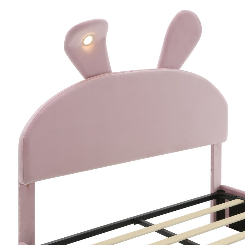 Polsterbett, Doppelbett, hydraulisches Bett, Hasenohren mit einstellbarer Helligkeit warmfarbenen Lichtstreifen, Stauraum unter dem Bett, zwei Aufbewahrungshockern, Samt, Rosa, 140x200cm