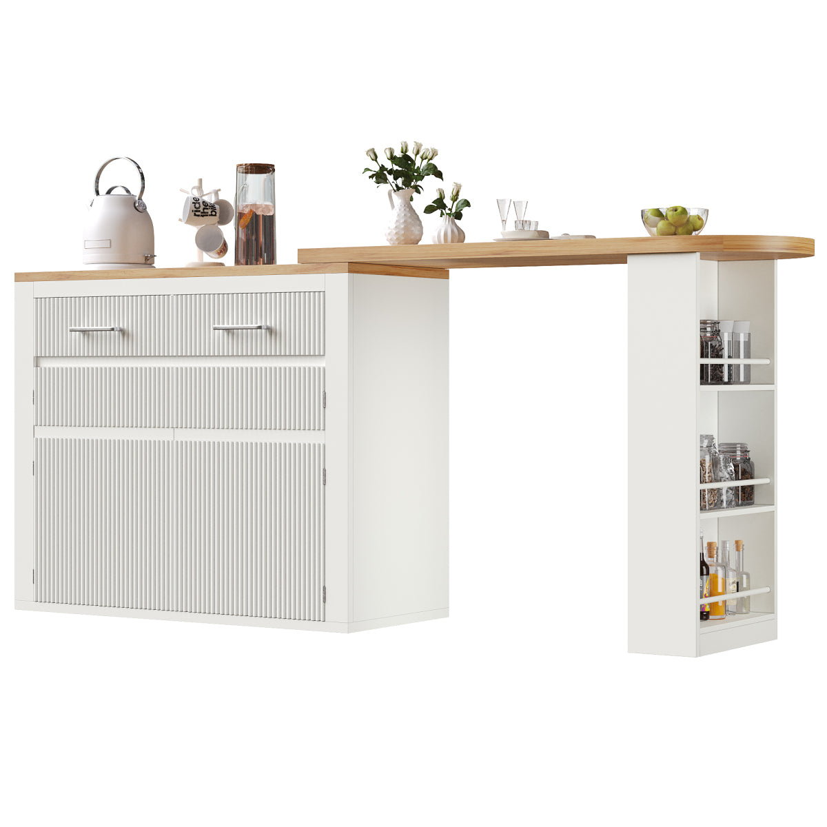 Ausziehbarer Bartisch Weiß (137-215cm) - Moderner Teleskop-Hochtisch mit Schublade & 2 Regalen - Bewegliche Kücheninsel & Bistro Table