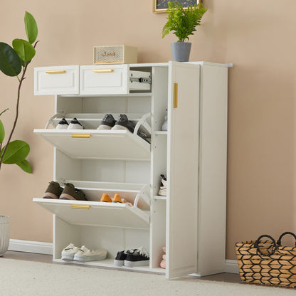 Moderne Schuhschrank, mit verstellbaren Regalen, goldenen Griffen, Schubladen, Klappschuhschrank und Türen,  weiß, B95/D24/H107.5