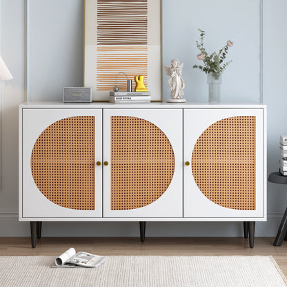 Sideboard mit 3 Rattan verzierten Türen Kommode Highboard mit Metallgriffe, für Schlafzimmer & Wohnräume & Büro, Weiß,129.8x 40x 76cm