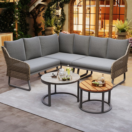 Gartenmöbel-Set für 6-7 Personen, Outdoor-Lounge-Set, Rattan-Handwerk, mit zwei Tischen, mit verzinktem Eisengestell, verstellbare Beine, inklusive aller Sitz- und Rückenkissen, grau