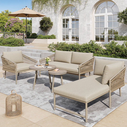 Garten Lounge Set, Seil Gartenmöbel Set, Modernes Outdoor Sofa Set Handgewebtes Seil, Inklusive Aller Sitz- Und Rückenkissen, Balkonset, Garten Und Terrasse, Khaki