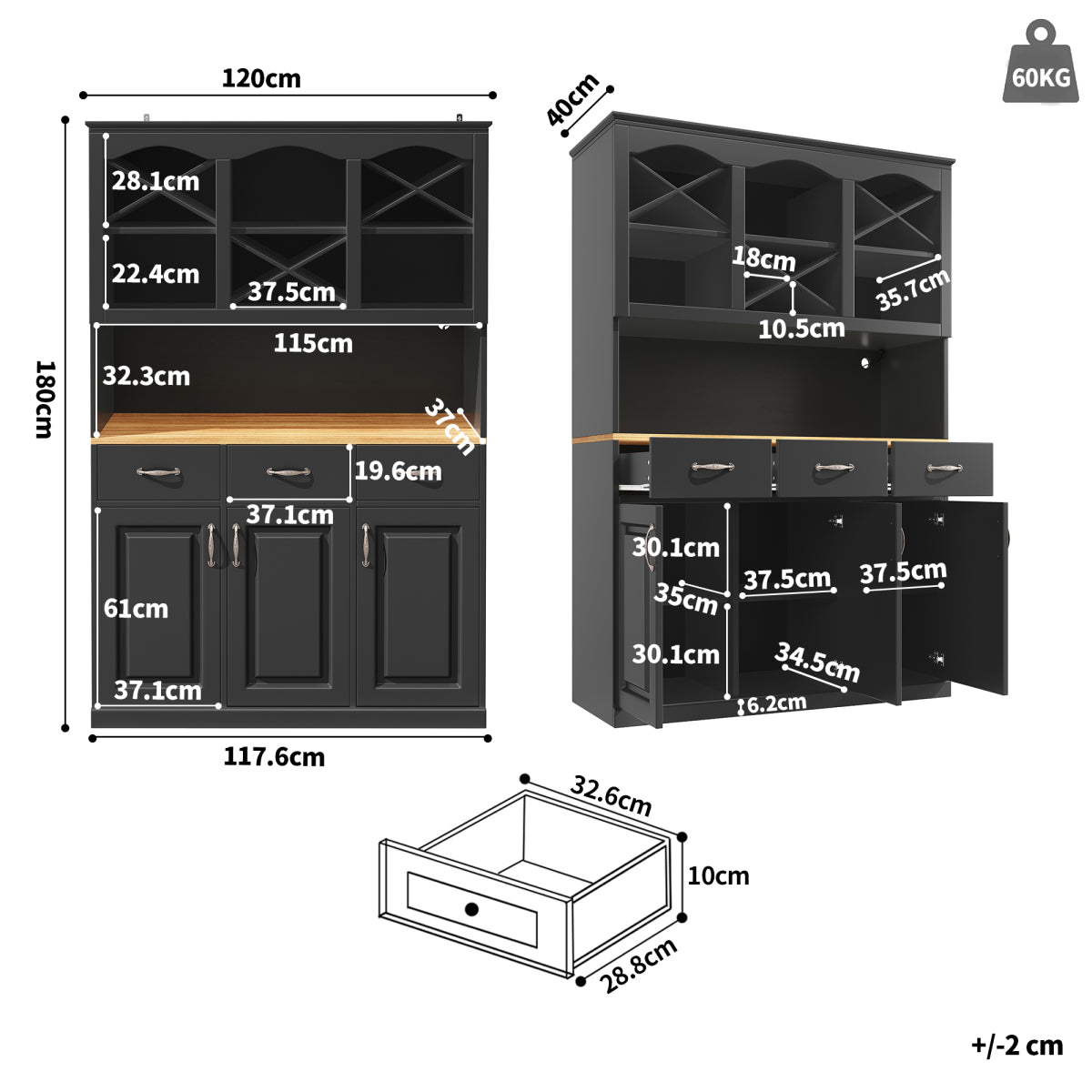 Küchenschrank 120x180cm LED, Hohes Buffet Schwarz, 3 Türen & 3 Schubladen, App-Steuerung, MDF Mehrzweckschrank